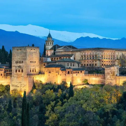 Illuminated Alhambra fortress in Granada