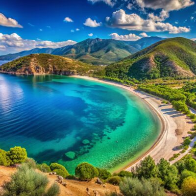 Stunning Panoramic View of Oreoi Beach, Evia Island, Greece - Serene Seascape, Turquoise Waters, and Lush Landscapes for Travel Enthusiasts and Nature Lovers