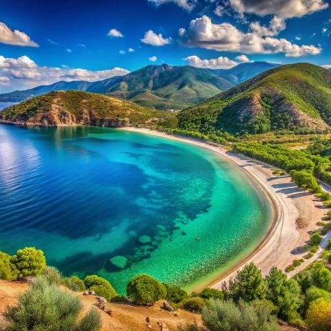 Stunning Panoramic View of Oreoi Beach, Evia Island, Greece - Serene Seascape, Turquoise Waters, and Lush Landscapes for Travel Enthusiasts and Nature Lovers