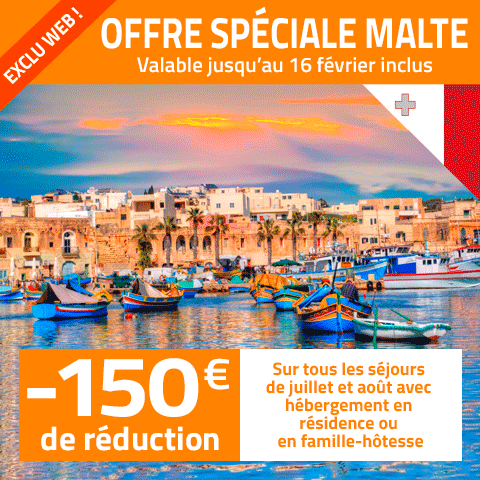 OFFRE SPÉCIALE (valable jusqu&rsquo;au 16 février inclus) : 150 € de réduction sur les séjours juillet et août à Malte !