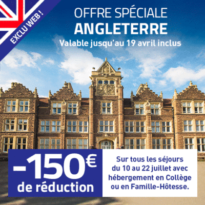 OFFRE SPÉCIALE (valable jusqu’au 19 avril inclus) : 150 € de réduction sur les séjours du 10 au 22 juillet en Angleterre