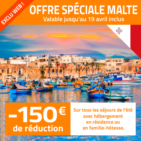 OFFRE SPÉCIALE (valable jusqu&rsquo;au 19 avril inclus) : 150 € de réduction sur les séjours de l&rsquo;été à Malte !